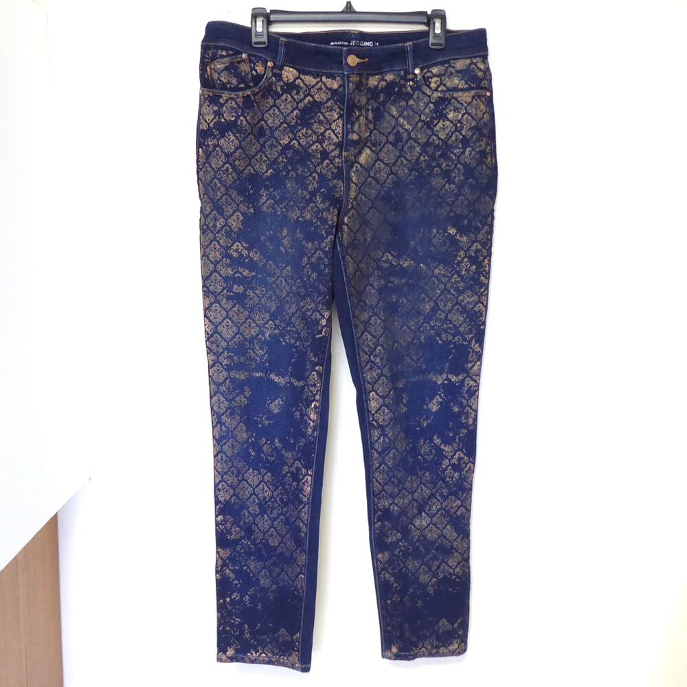 Chicos dark blue distressed copper metallic print denim jegging boho sz 2 / L
